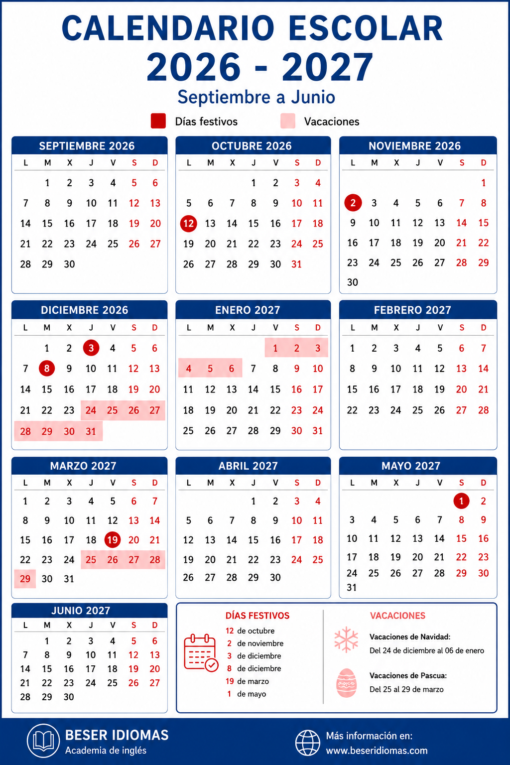 Calendario académico 2026-2027 Beser Idiomas academia de inglés en Pamplona